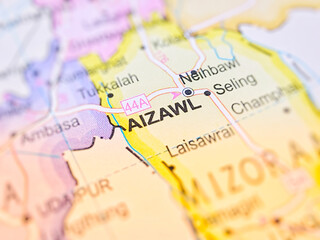 Aizawl on a map of India with blur effect.