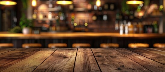 A wooden table stands in the foreground, with a bar in the background. The hardwood flooring and wood stain enhance the buildings rustic charm - Powered by Adobe