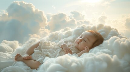 a new born baby sleeping on a floating cloud
