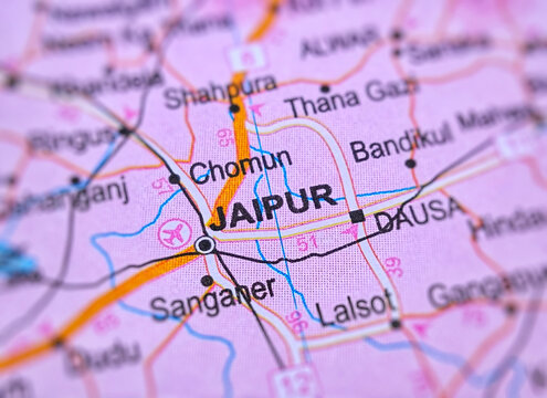 Jaipur on a map of India with blur effect.