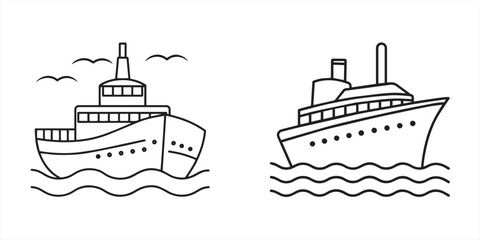 Obraz premium Ship and boat line icon set. Flat style vector illustration set. Vessels for sea travel and transportation. 