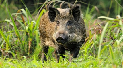 Wild boars. Nature background. Animal: Boar. Sus scrofa.