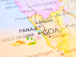 Panaji on a map of India with blur effect.