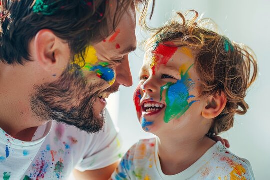 Joyful painting session between father and son, faces smeared with vibrant colors