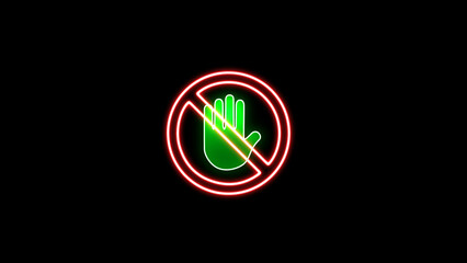 Neon glowing stop hand sign. palm flat icon for apps and websites.