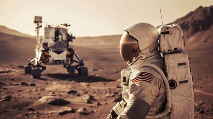 space technology in action astronaut near mars base - obrazy, fototapety, plakaty