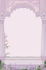 Mughal lavender garden with bird, arch illustration