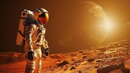 technological marvel of astronaut standing on mars surface near base - obrazy, fototapety, plakaty
