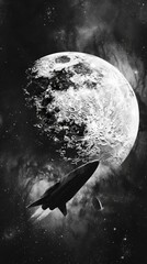 Abstract black and white background depicting a space ship near the Moon, blending futuristic and celestial themes.
