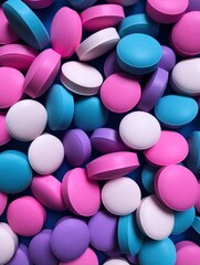 Artful pile of magenta, aqua, and blue pills. Abstract background