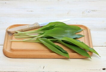 Fresh leaves of bear garlic on rustic wood chopping board. Wild garlic, lat. Allium ursinum, healthy spring edible plant.