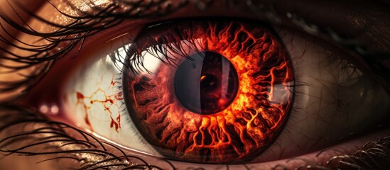 An electric blue circle surrounds the brown iris of a womans eye, with a striking red pupil at the center. The symmetry of her eyelashes adds an artistic touch to the dark background - obrazy, fototapety, plakaty