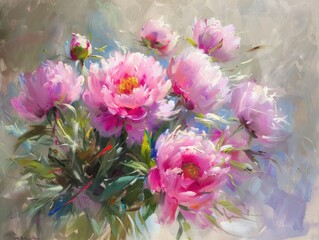 peony petals in the breeze, with soft pink flowers depicted in a textural brushwork style against a backdrop of soft, atmospheric scenes