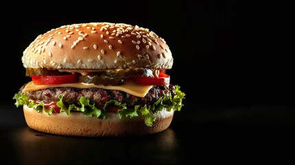 closeup of a tasty hamburger on dark background