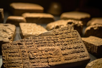 The weathered engravings on the tablets of the Epic of Gilgamesh in the Sulaymaniyah Museum, Iraq.