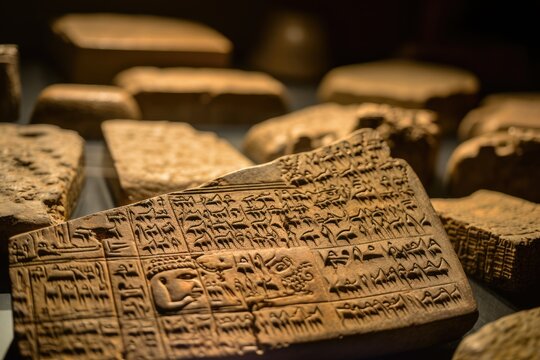 The weathered engravings on the tablets of the Epic of Gilgamesh in the Sulaymaniyah Museum, Iraq.