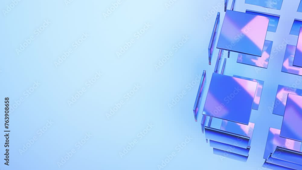 Poster blue minimalist translucent cube of glass blocks rotate on light blue background. 3d render animatio