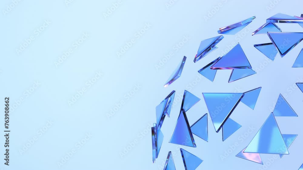 Poster blue minimalist translucent sphere of glass blocks rotate on light blue background. 3d render animat