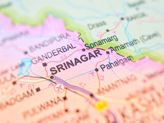 Srinagar on a map of India with blur effect.