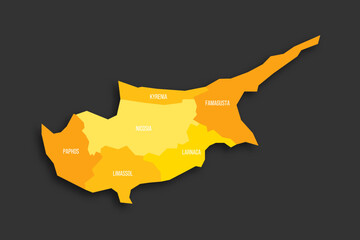Cyprus political map of administrative divisions - districts. Yellow shade flat vector map with name labels and dropped shadow isolated on dark grey background.