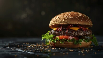 indulge in the perfect shot of a juicy hamburger with vibrant toppings and ample copy space set...