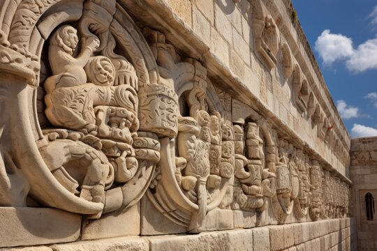 The detailed carvings on the ancient city walls of Dubrovnik, Croatia.