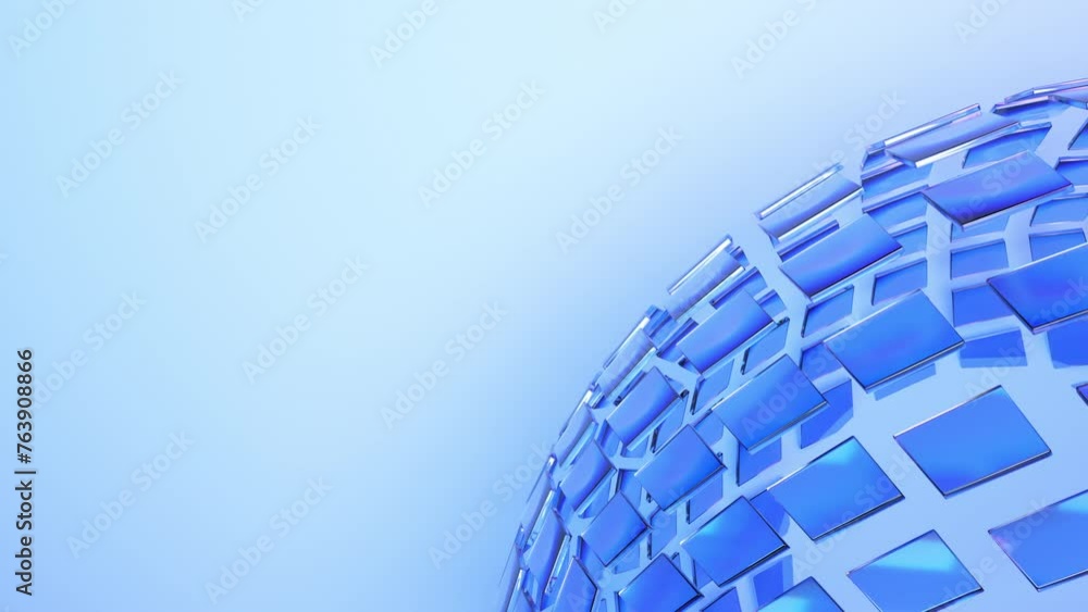Poster blue minimalist translucent sphere of glass blocks rotate on light blue background. 3d render animat