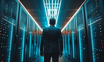 IT Engineer in big database server center office, High Speed Data Transfer, Server Transfer, Technology Science Breakethrough, Progress, Innovation Concept