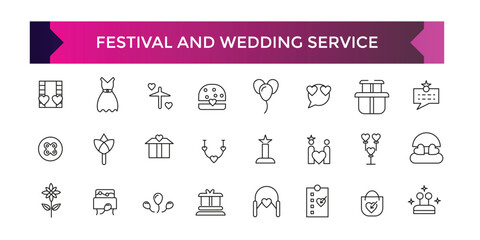 Festival and wedding seervice icon set. Gift and surprise line icons collection. Holiday, cake, present, stars icons. UI icon set.