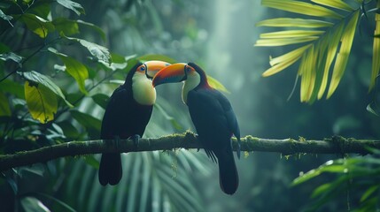two vibrant keel-billed toucans perch side by side their large bills adding a splash of color to the green backdrop of a costa rican forest