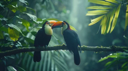 Foto auf Acrylglas two vibrant keel-billed toucans perch side by side their large bills adding a splash of color to the green backdrop of a costa rican forest © CinimaticWorks