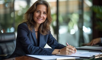 Happy satisfied middle aged professional business woman executive ceo manager, lawyer wearing suit sitting at desk signing law document writing signature making legal agreement corporate deal