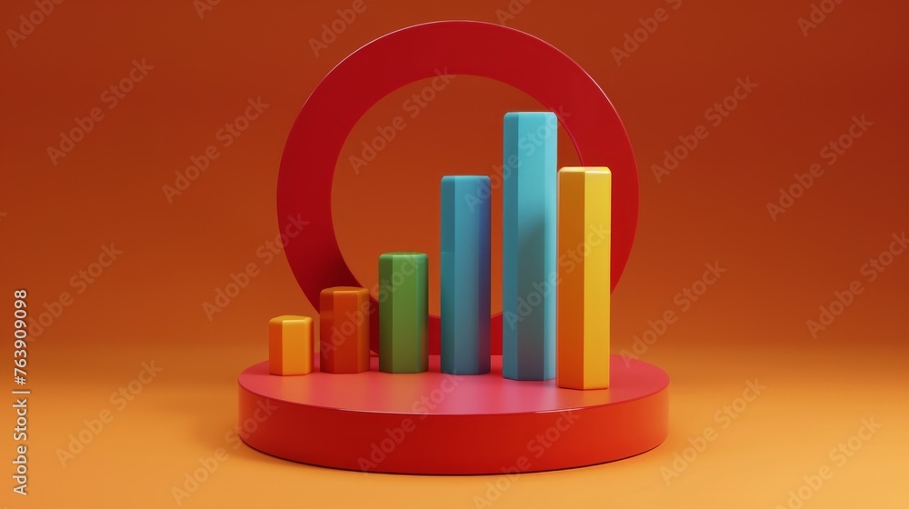 Poster colorful statistics bars in a circle shape on an orange background, creating an abstract and visuall