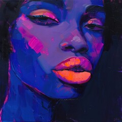 a painting showing a girl with colorful lips, in the style of dark pink and dark blue abstract portrait
