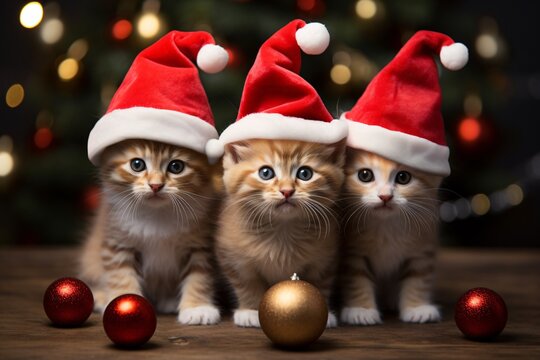 a group of kittens wearing santa hats