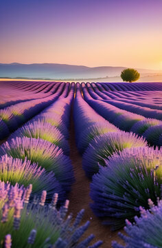 Lavender field in Provence. Sunset. Vertical frame. Wallpaper, screensaver, cover, background. High quality photo