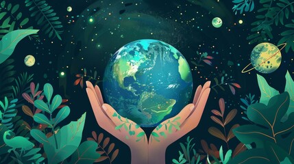 Earth Cradled in Hands Surrounded by Flora and Fauna