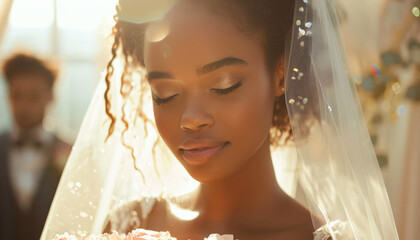 Tender and sensual dark-skinned bride girl at the wedding ceremony. - obrazy, fototapety, plakaty