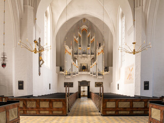 Interior of Mariager Church with organ, Nordjylland, Denmark