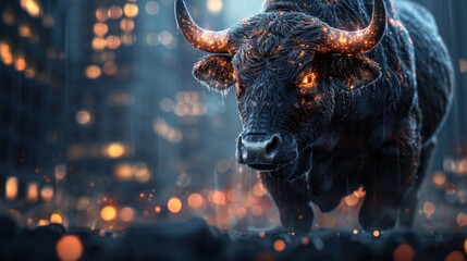 Illustration featuring a stock trading background inspired by Wall Street, with a bull statue serving as a symbolic representation of the financial district's bullish market sentiment - obrazy, fototapety, plakaty