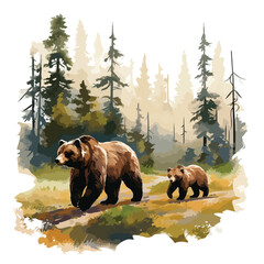 A family of bears exploring a forest