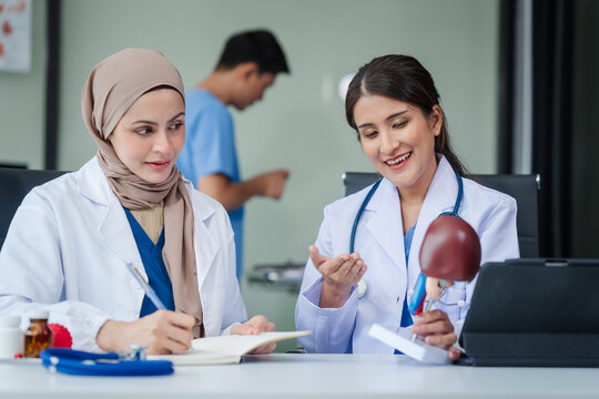 Medical team with nurses, Muslim people and Asian female doctors and specialists looking together at liver model for learning and Support and good health Listen to medical problems, medical costs