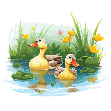 A family of ducks swimming serenely in a pond