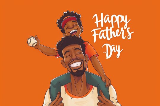 Illustration of an African American father and son in baseball caps, 'Happy Father's Day'