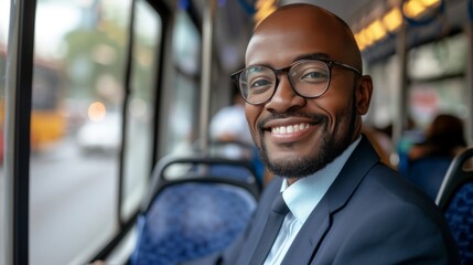 Content black businessman traveling by bus to reduce air pollution and commute to work.