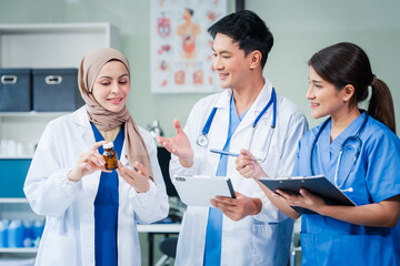 Hospital medical multi ethics people group meeting team in office with nurse students for vaccination education, talk event in clinic room. medicine bottle