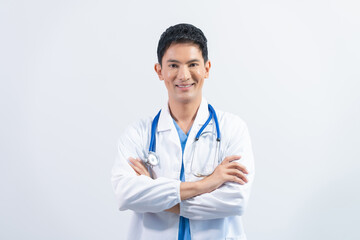 Fototapeta premium Attractive Middle aged asian male doctor pediatric, physical or psychiatrist in white coat with stethoscope standing isolated on white background, virus, health care, disease treatment