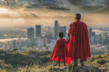 Father and child in superhero capes overlooking city skyline, inspirational father's day concept