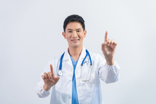 Attractive Middle aged asian male doctor pediatric, physical or psychiatrist in white coat with stethoscope standing isolated on white background, virus, health care, disease treatment