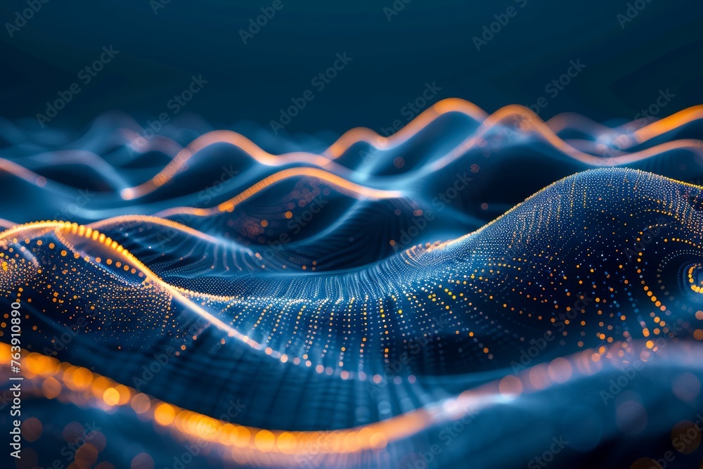Aufkleber abstract digital landscape with glowing particles and dynamic waves in futuristic technology style